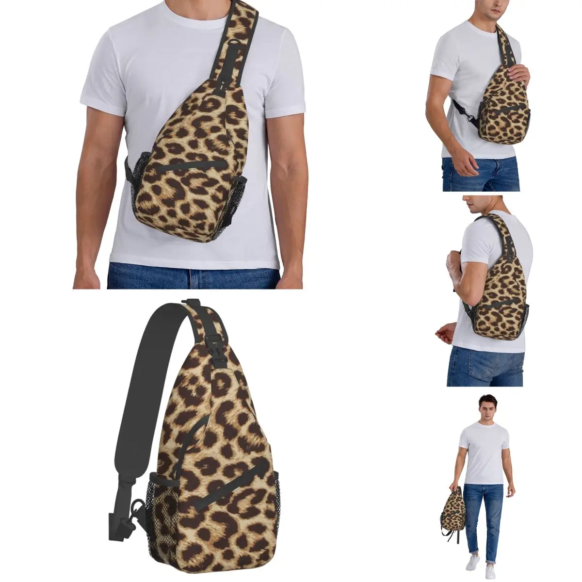 Leopard Print Fur Look Crossbody Sling Bag Men Women Chest Bag Texture Shoulder Backpack Daypack Hiking Travel Travel Satchel