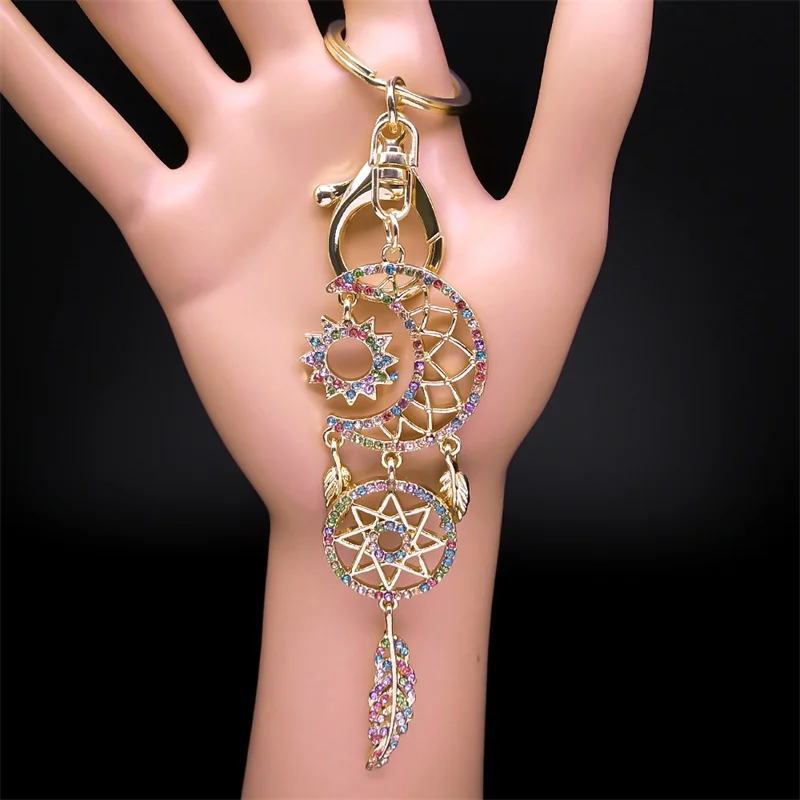 Moon Sun Pink Dream Feather Catcher Key Chain for Women Rhinestone Metal Gold Color Dreamcatcher Keychain Gift Jewelry K9215S01