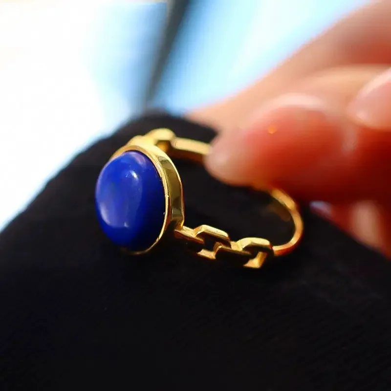 Vintage court style lapis lazuli rings for women elegant light luxury ancient gold crafts chain design engagement ring jewelry