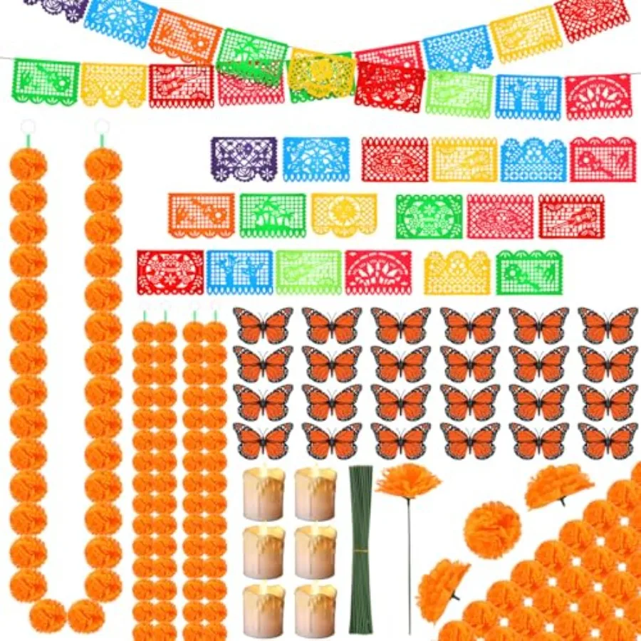 

Набор для украшения ко Дню мертвых, 236 предметов: 100 искусственных календул на стеблях, 4 гвоздики, 24 магнитные бабочки, 6 вотивных свечей, 2 подсвечника.