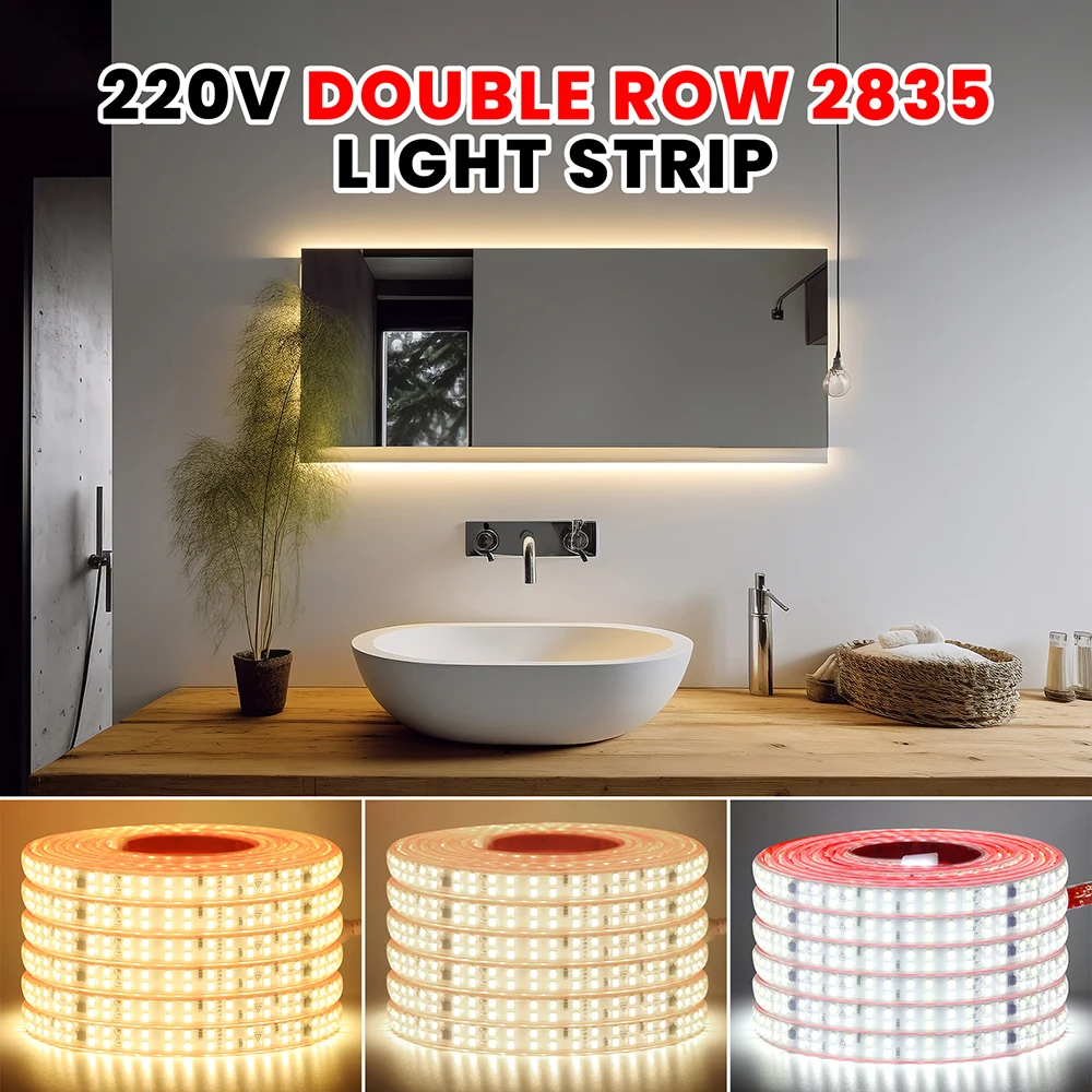 AC 2835 LED Strip Light 220V With 2Pin Wire 240LEDs/m High Brightness Flexible Tape Waterproof 3000K 4000K 6000K Home Decoration