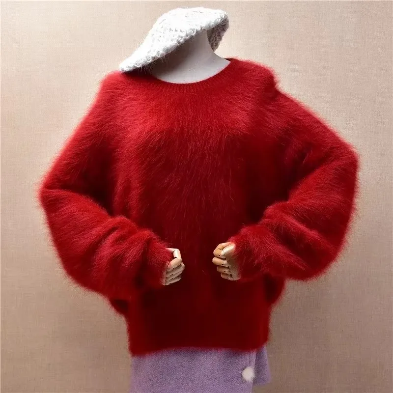 Damska odzież jesienno-zimowa Czerwony włochaty norkowy kaszmirowy dzianinowy ażurowy krótki crop top z okrągłym dekoltem luźny sweter pulower