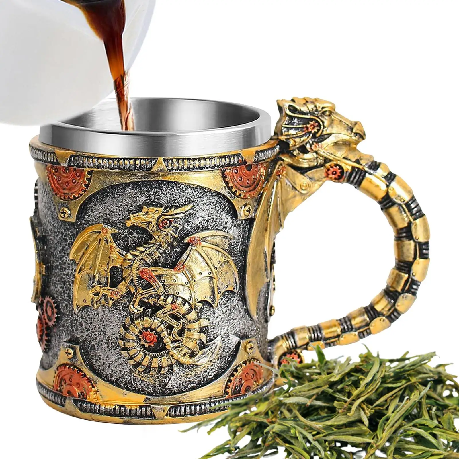 Taza de cerveza de dragón vikingo Medieval, taza de café Stein de cerveza de acero inoxidable, barril de dragón, taza de café Retro Tankard de 400ml