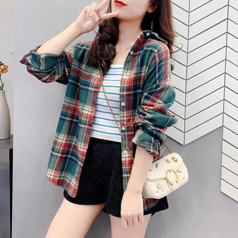 

Women's Autumn Fashion Office Lady Simplicity Plaid Turn-down Collar Long Sleeve Shirts Women Clothes Casual All-match Loose Top