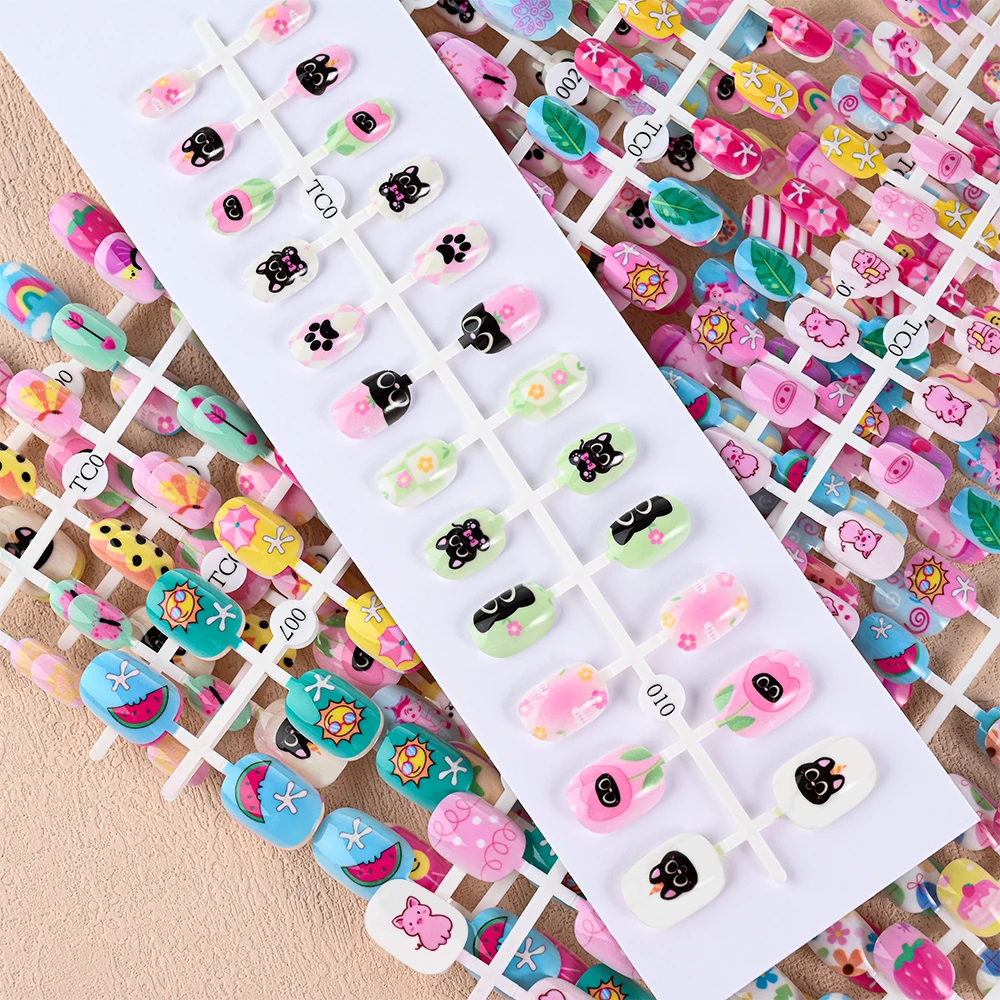 24 stks/set Kinderen Acryl Nep Nagels Veilig Niet Giftig Lijm Nep Nagel DIY Kunstmatige Vingernagels voor Meisjes Kinderen Dag gift