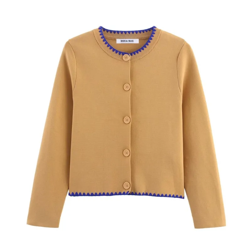 

TRAF Women Cardigan With Contrast Embroidery Autumn Long Sleeve Knitted Women's Plain Top Elastic O Neck Female Sweater