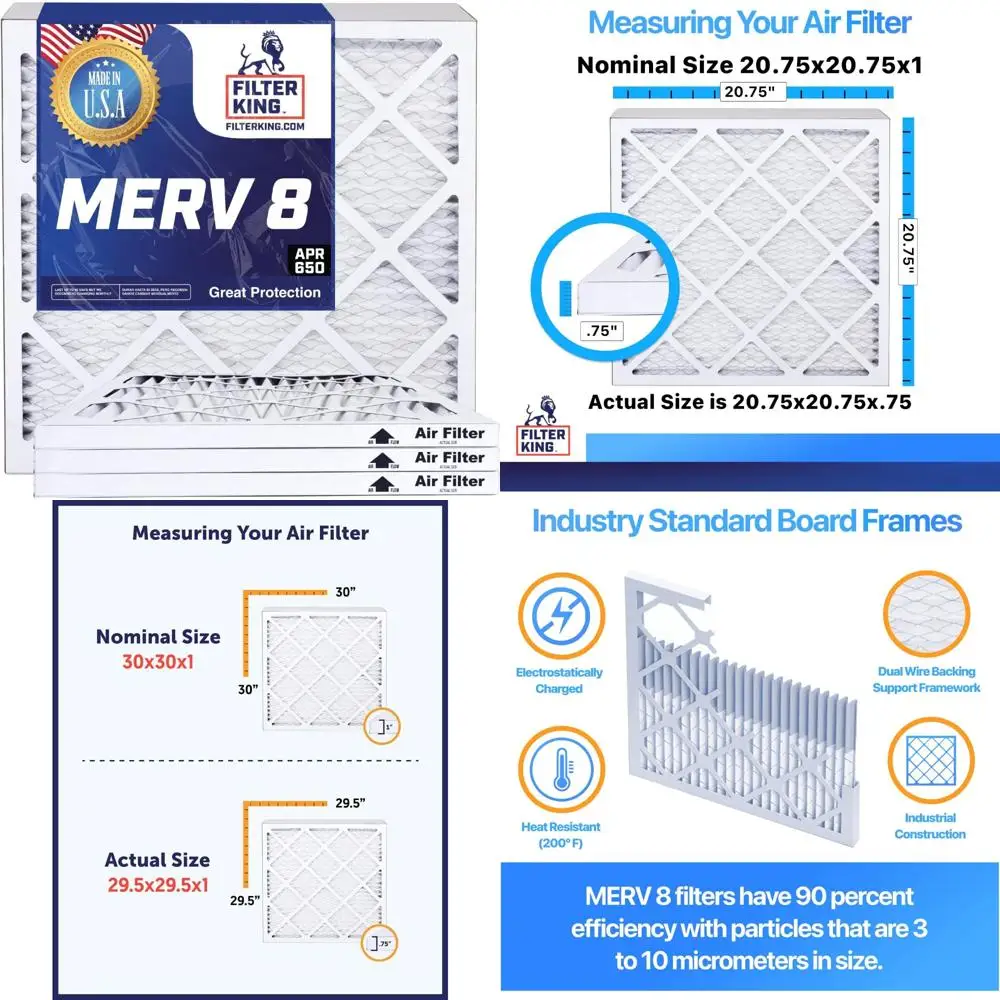 

Плиссированные воздушные фильтры HVAC, 6 шт. MERV 8 Фильтры для печи кондиционера 20,75x20,75x1, сделано в США, настоящий размер 20,75x20,75