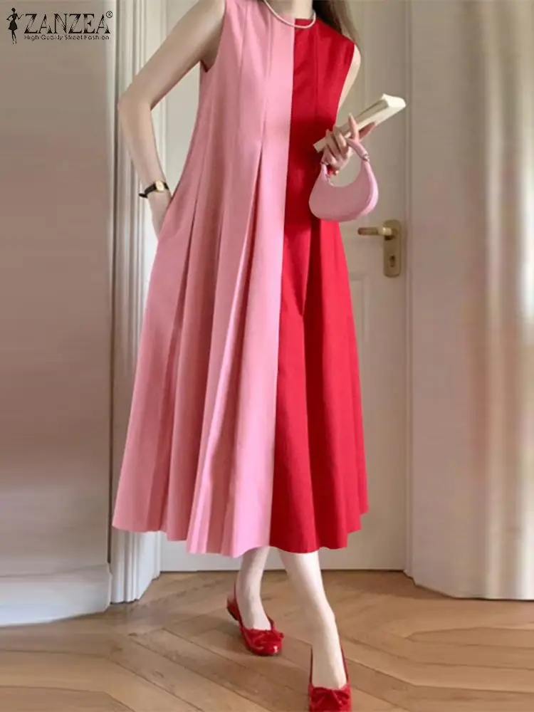 ZANZEA Summer Casual Loose Robe Colorblock Korean Sleeveless Tank Long Dress Holiday 2024 Fashion Pleating Sundress Oversized