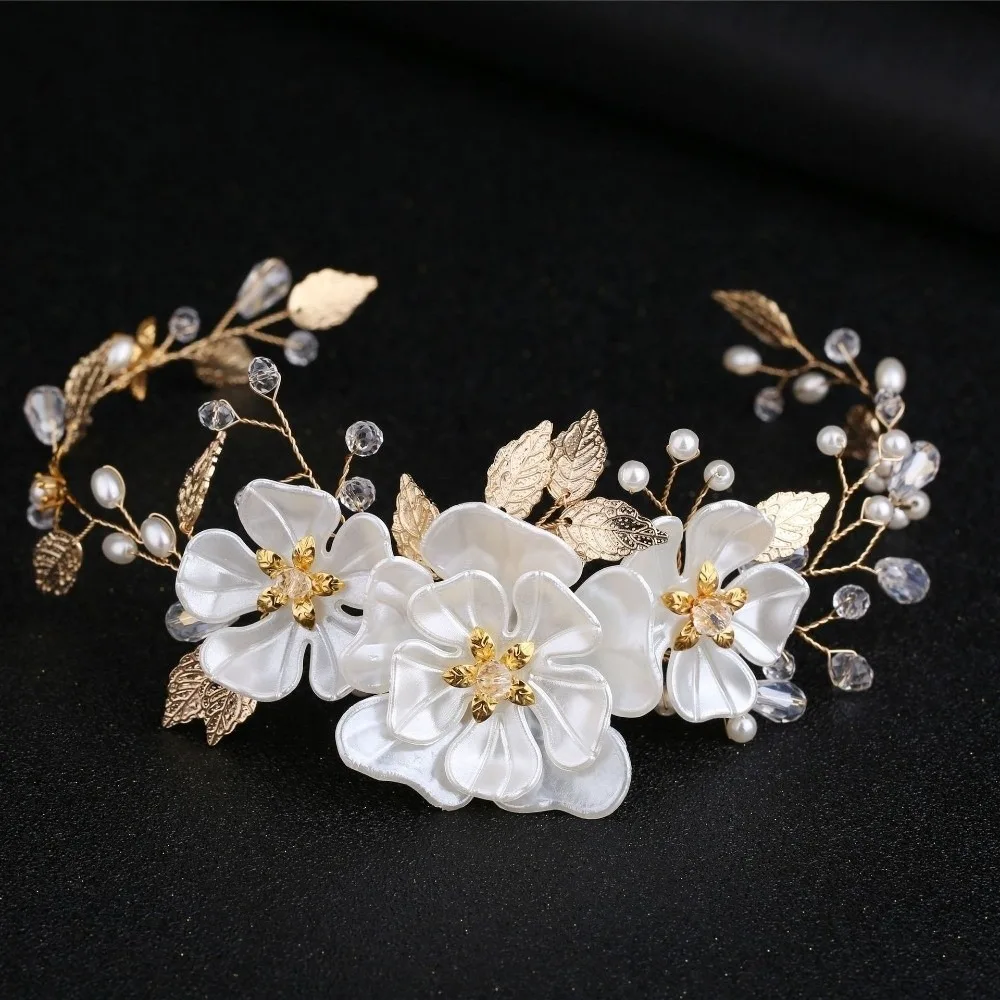 New Beaded Crystal Wedding Headband Leaves Sparkling Bridal Hair Band Baroque Style Pearl Wedding Hair Accessory Girl