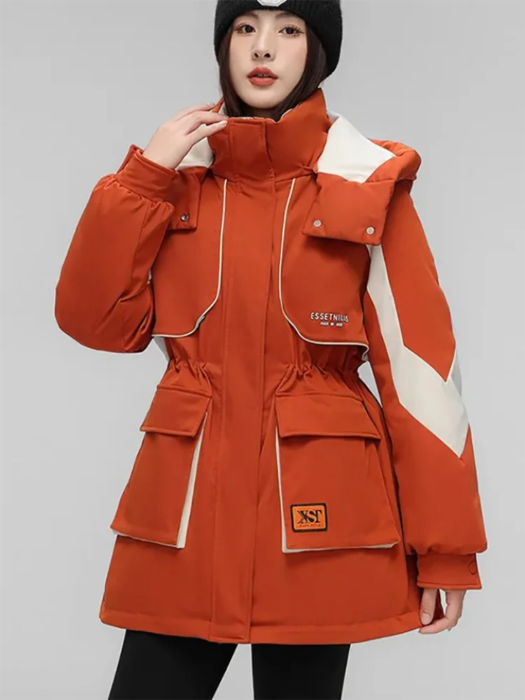 Winter New Detachable Hat Down Cotton-Padded Jacket Women Overcoat Fashion Color Matching Tooling Parker Thick Warm Cotton Coat