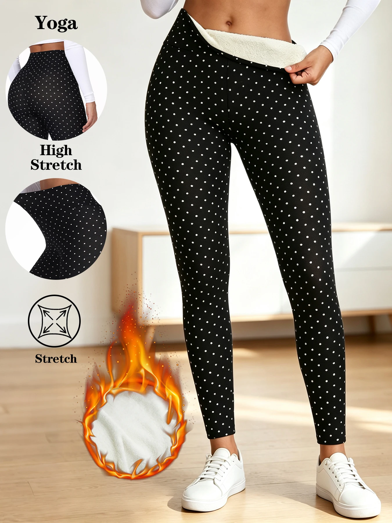  Women Velvet Pack Black White Small Polka Dot High Waist Leggings 4 Way Stretch Soft Breathable Slim Warm Pants For Yoga Sport