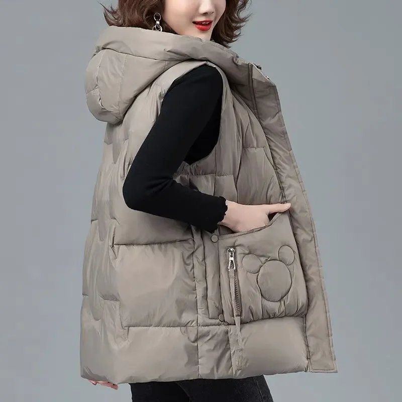

Down Cotton-Padded Jacket Vest Waistcoat Women's Outwear 2025 Autumn Winter New Loose Korean Mid-Length Warm Hooded Vests Jacket