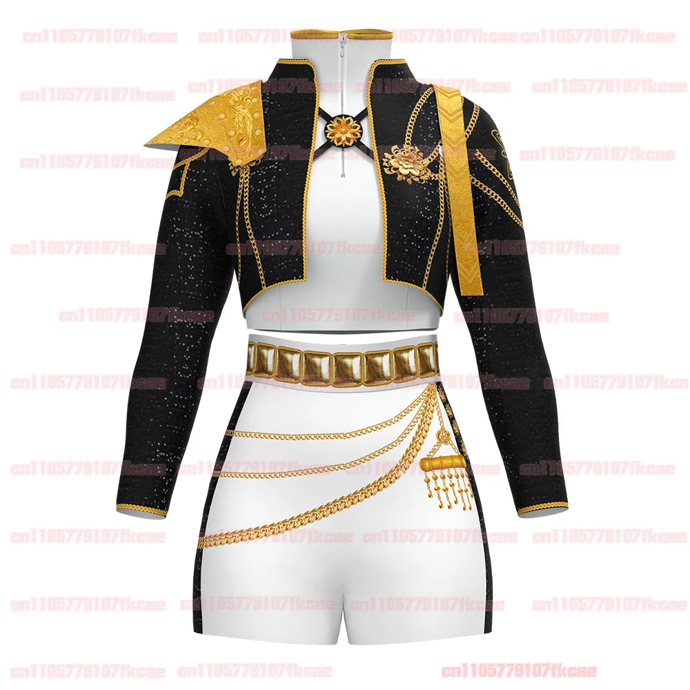 어린이 Kpop 악마 사냥꾼 루미 조이 미라 애니메이션 코스프레 의상 소녀를위한 블랙 골든 무대 공연 의류 할로윈 파티