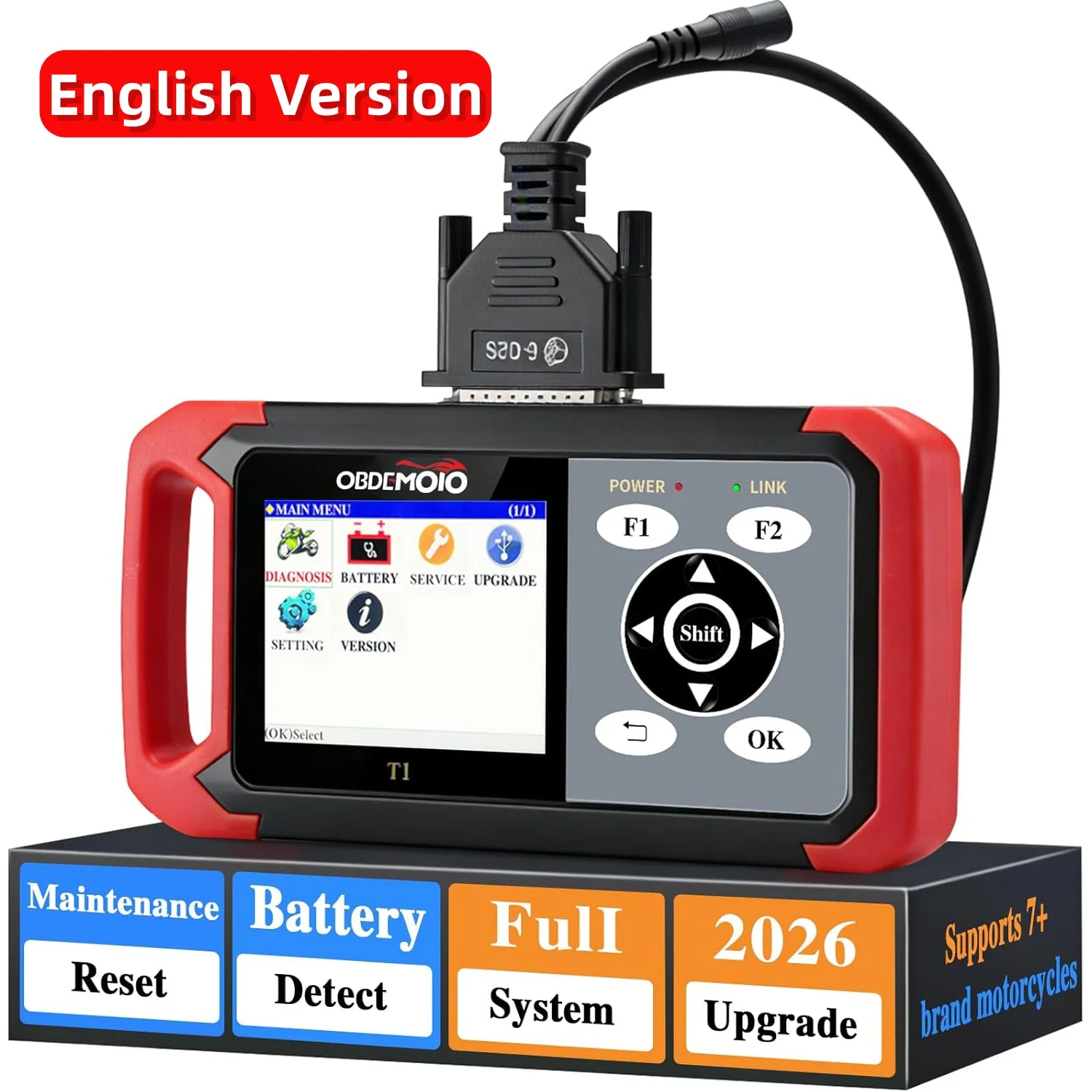 Motorcycle Scanner, T1 OBD2 Euro 5 Motorcycle Scan Tool, 3.5'' LCD Diagnostic Tool for Honda Yamaha Kawasaki Suzuki KTM CFMOTO