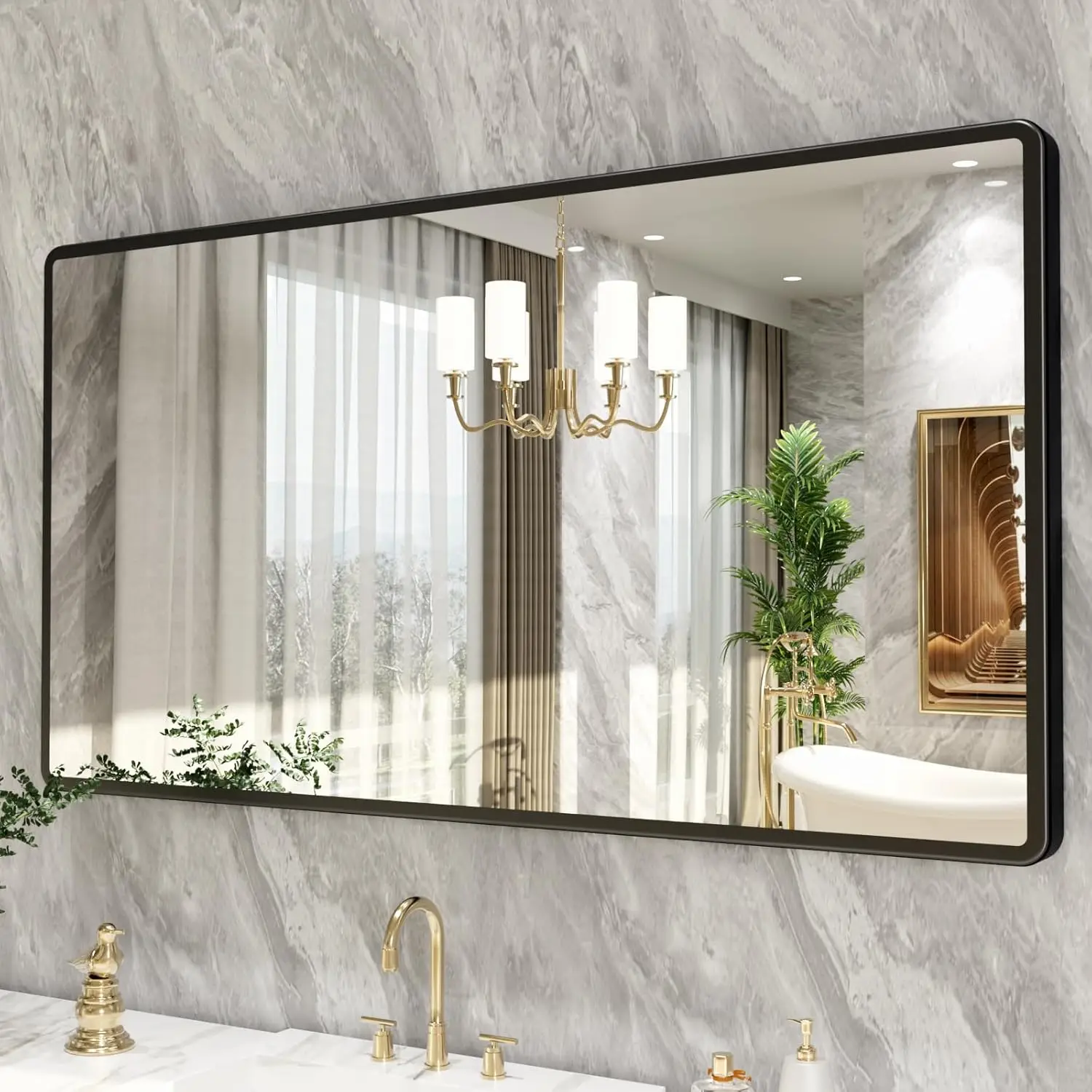 New Upgrade 55X30 Inch Wall Mounted Bathroom Mirror, Black Metal Frame Rounded Rectangle Mirror, Bathroom Vanity Mirror with