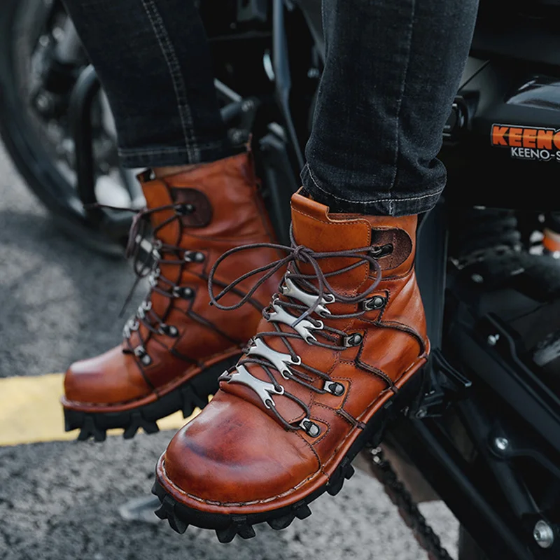 Fashion Men's Cowhide Genuine Leather Motorcycle Boots Gothic Skull Punk Combat Boots Thick Sole Snow Boots Hiking Shoes - view 3