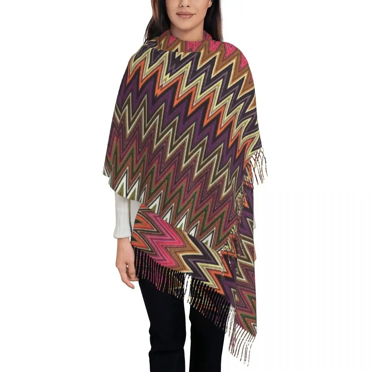 Home Zigzag Multicolor Scarf Wrap Women Long Winter Warm Tassel Shawl Unisex Boho Camouflage Scarves