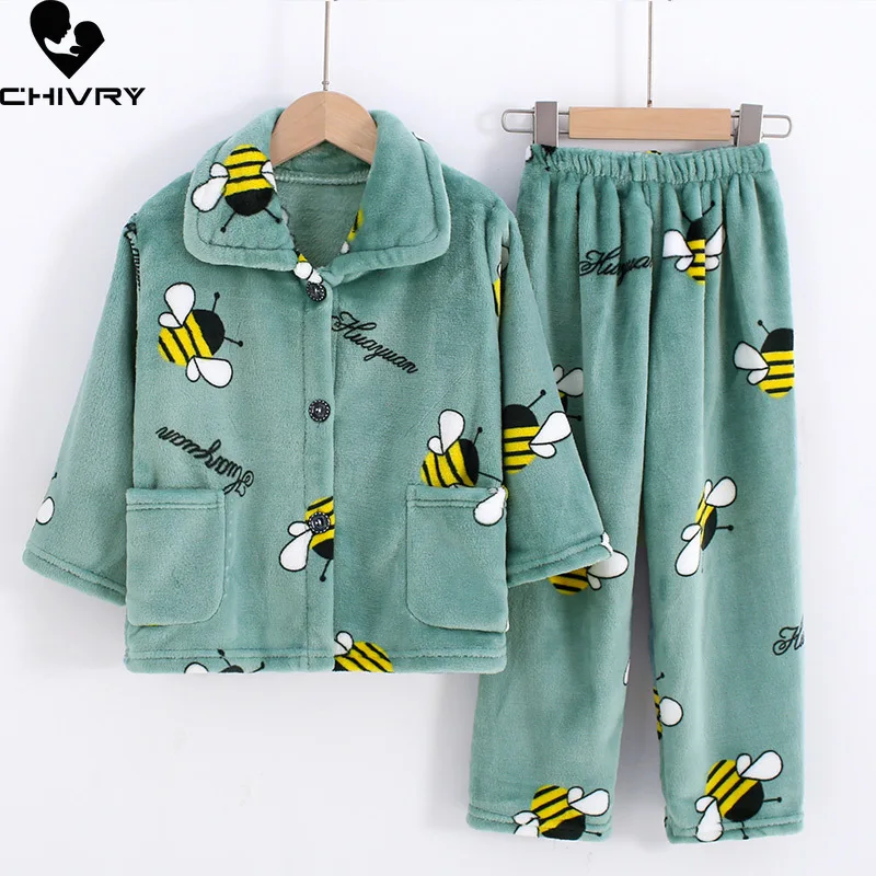 Boys Girls Autumn Winter Flannel Pajama Sets Kids Fashion Cartoon Long Sleeve Lapel Tops with Pants Baby Sleeping Clothing Sets