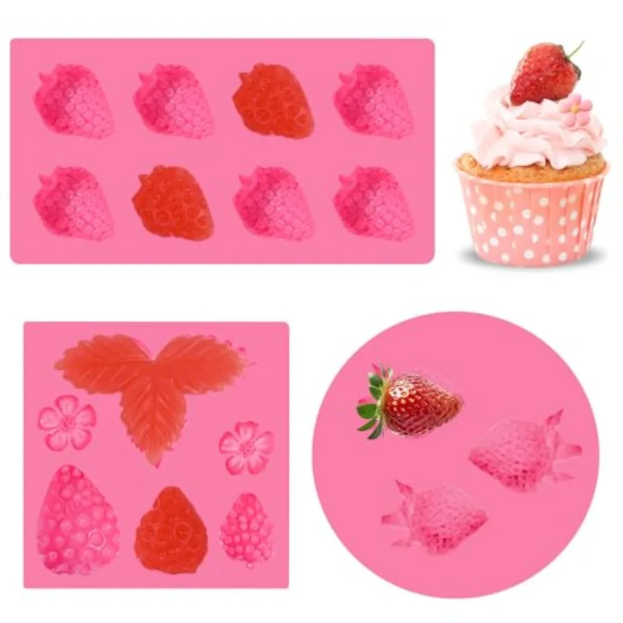 

3Pcs Strawberry Silicone Mold Flowers 3D Strawberry Fondant Mold for Cupcakes Fruit Gummies Chocolate Jelly Ces Dessert