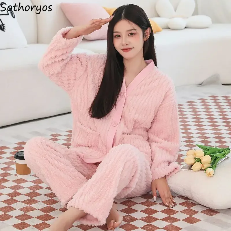 

Pajama Sets Women Simple V-neck Cozy Home Winter Sleepwear Casual Mujer All-match Lounge Gentle Korean Style Couple Plus Velvet