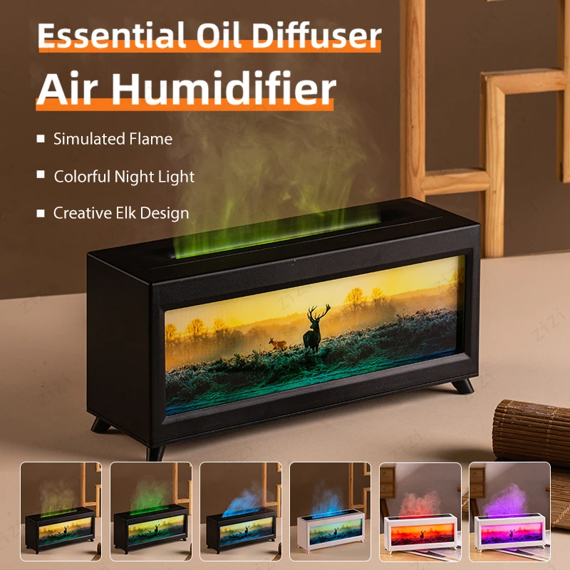 Deer Rainbow Flame Light Painting Aromatherapy Machine 3D Simulation Fireplace Humidification Aromatherapy Machine