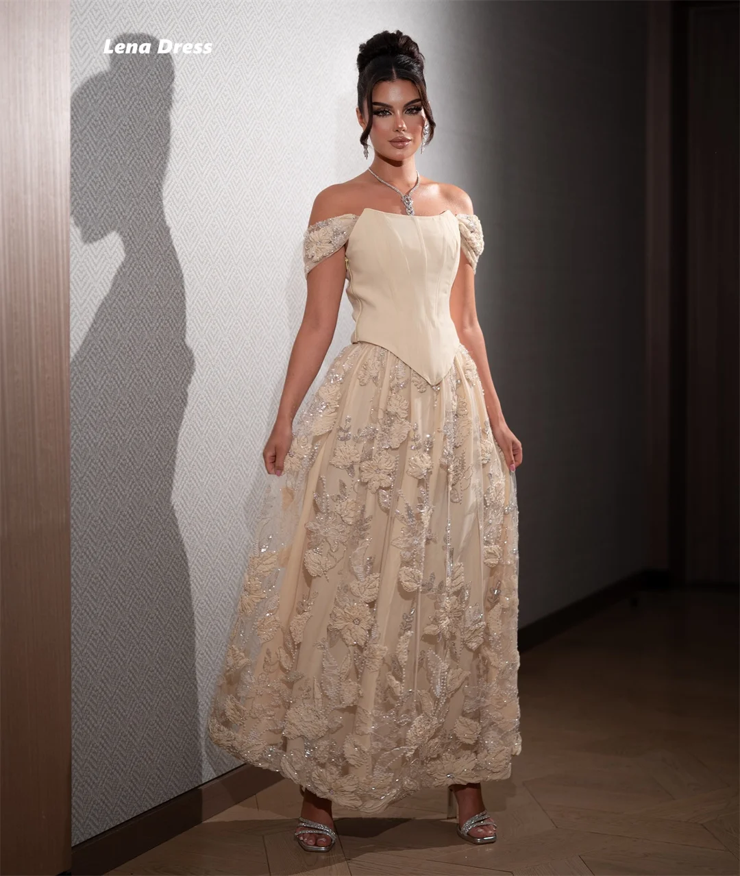 

Lena Short Sleeves Elegant Evening Dresses for Woman Luxury Evening Dresses 2026 Customized 3D Flowers Off the Shoulders Line A