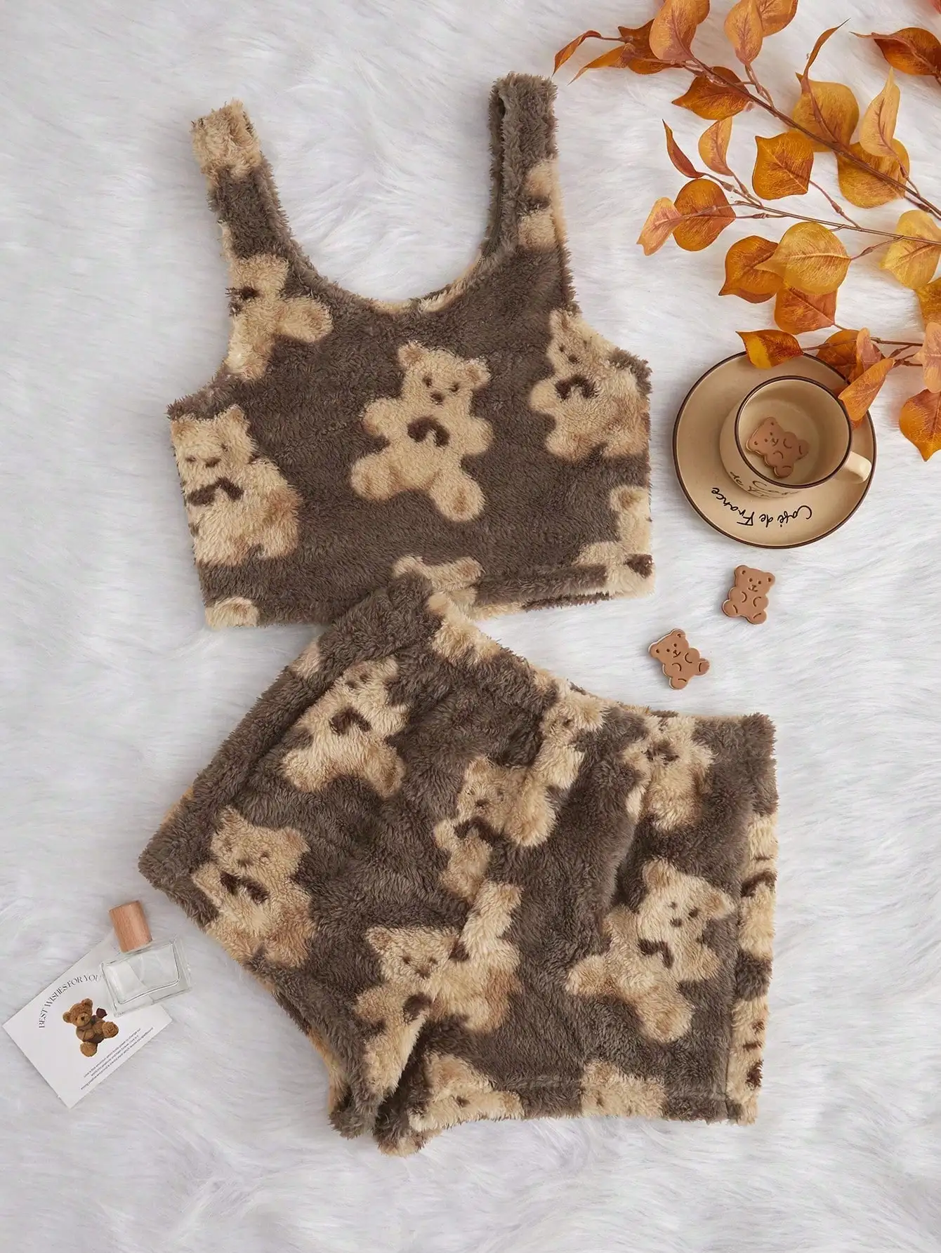 

Women's Plush Bear-Print Tank Top & Shorts Pajama Set, Cozy Fall Winter Lounge Wear