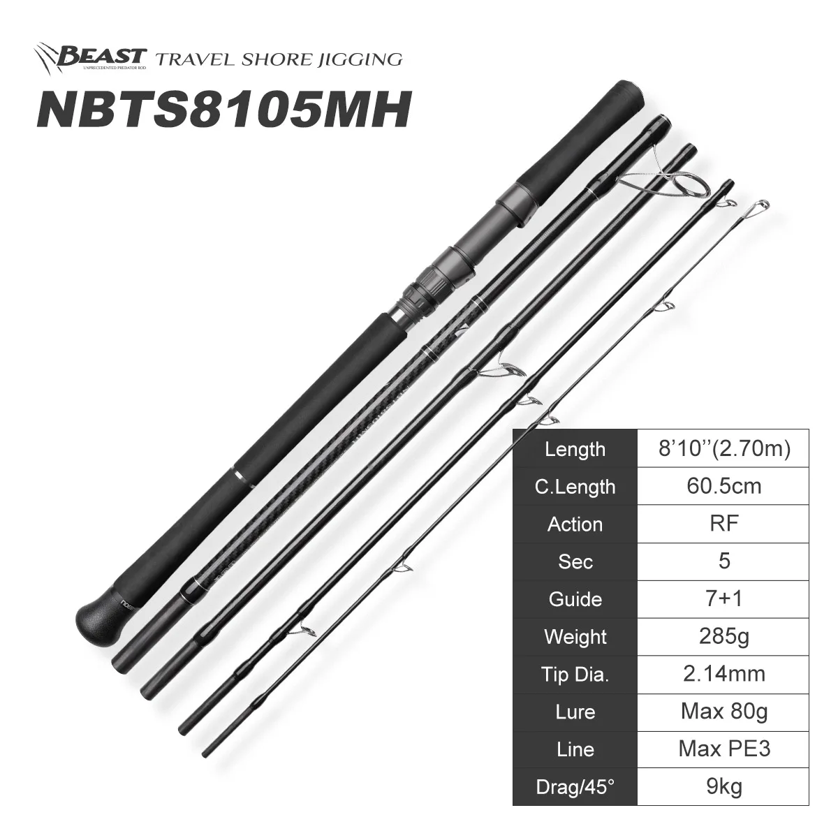 Noeby Beast Reise-Shore-Jigging-Angelrute 2,7m 2,9m Fuji Set Spinnruten Köder 80g 120g MH H Tragbare 5-teilige Ruten