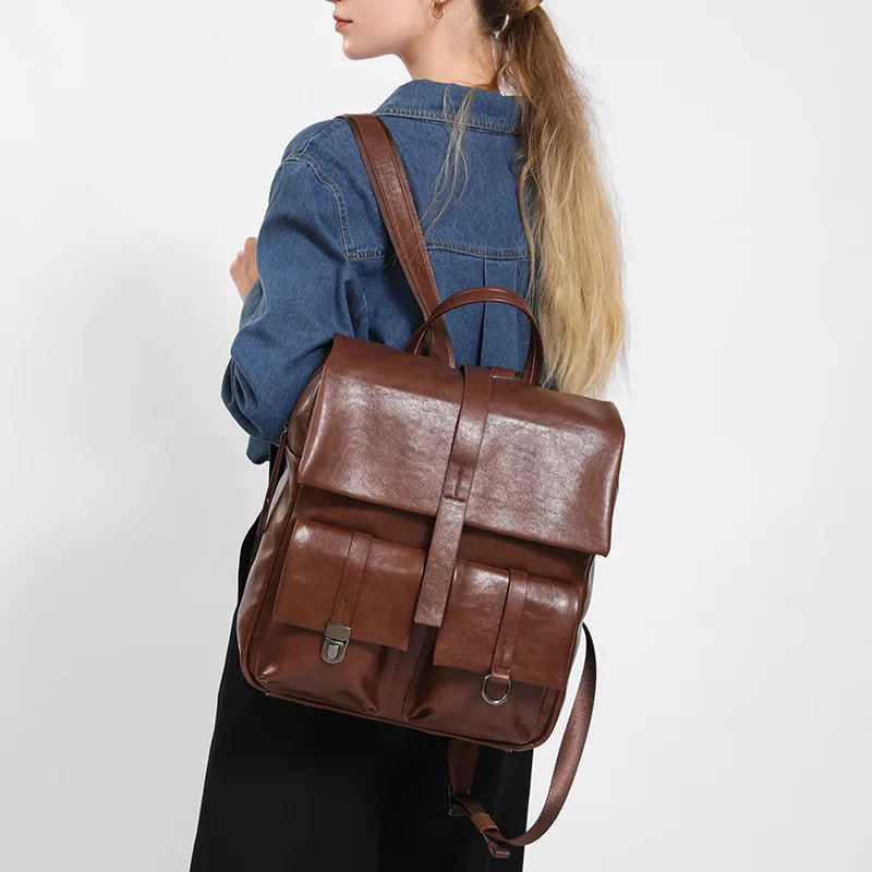 

Vintage Women's Backpacks Large Capacity Student School Bags Genuine Leather 15inch Laptop Bag Multifunctional Travel Backpack