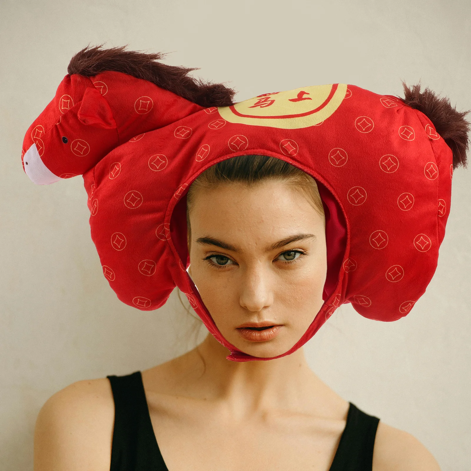 Pferdekopf-Hut Chinesisches Neujahr 2026 Maskottchen-Kostüm für Party Fotobox Aufführung Rollenspiel Tier-Kopfbedeckung Kreativ