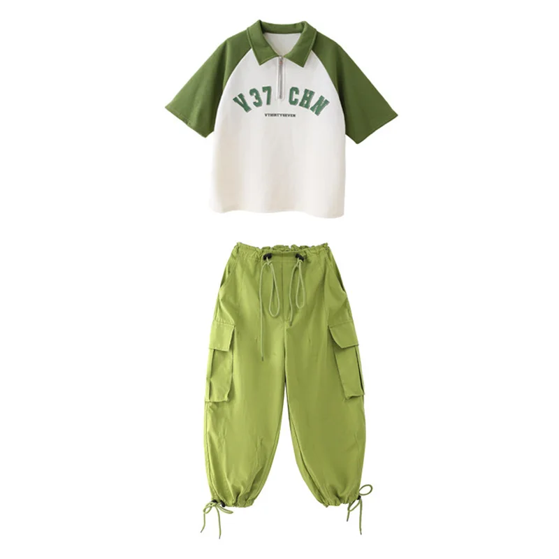 Hip Hop Mädchen Kleidung Kinder Jazz Street Dance Kostüm Grün Kragen T-shirt Denim Hosen Cargo Hosen für Jungen Performance Outfit
