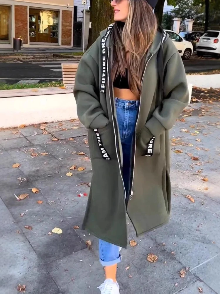 2024 herbst/Winter Mode Neue frauen Elegante Lose Warme Mantel Spleißen Casual Pendeln Stil Mit Kapuze Strickjacke Zipper Hoodie