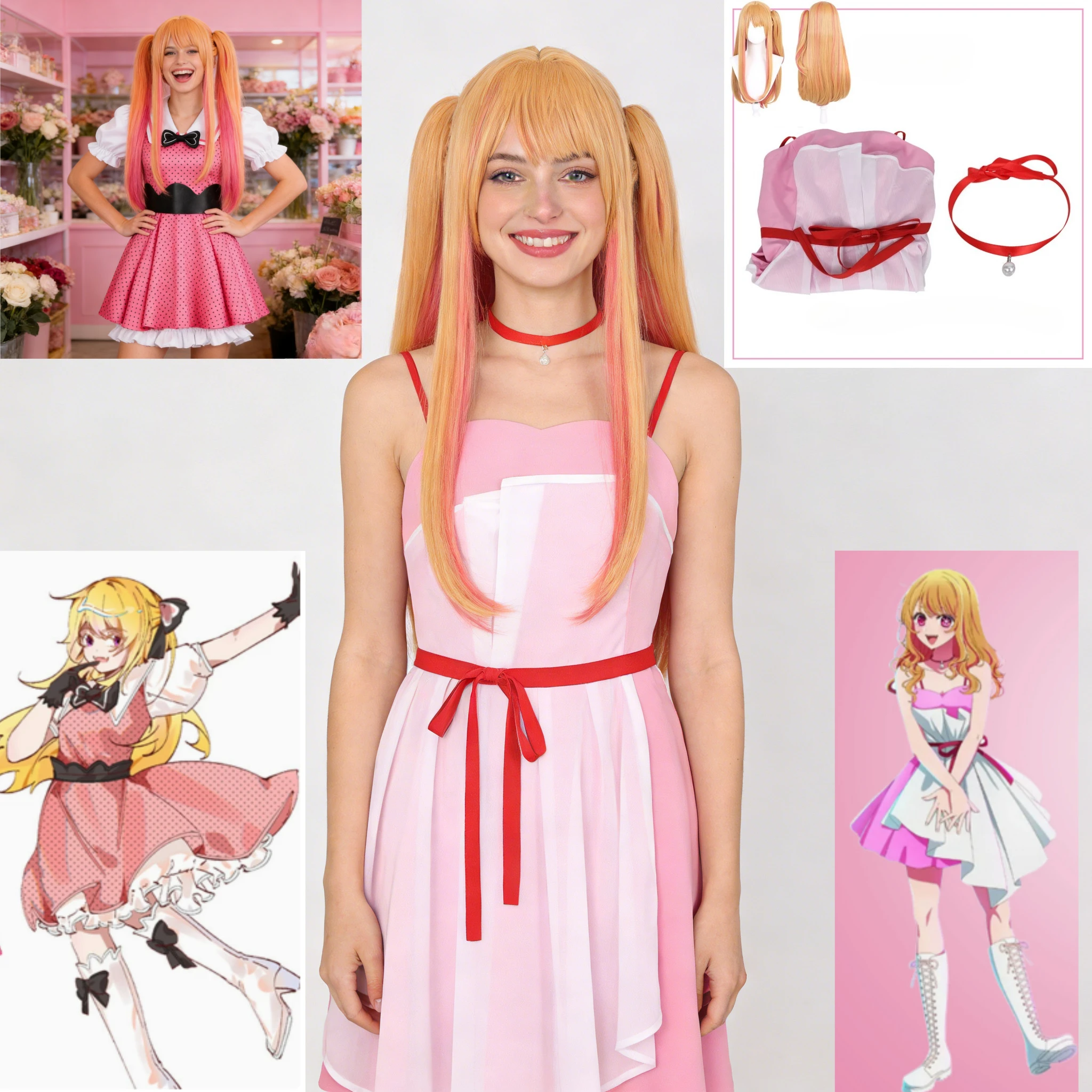 

Anime Unisex Cos Hoshino Rubii Cosplay Costume Halloween Uniform Custom Pink Dresses Game Anime Themes Role-play Costume and Wig