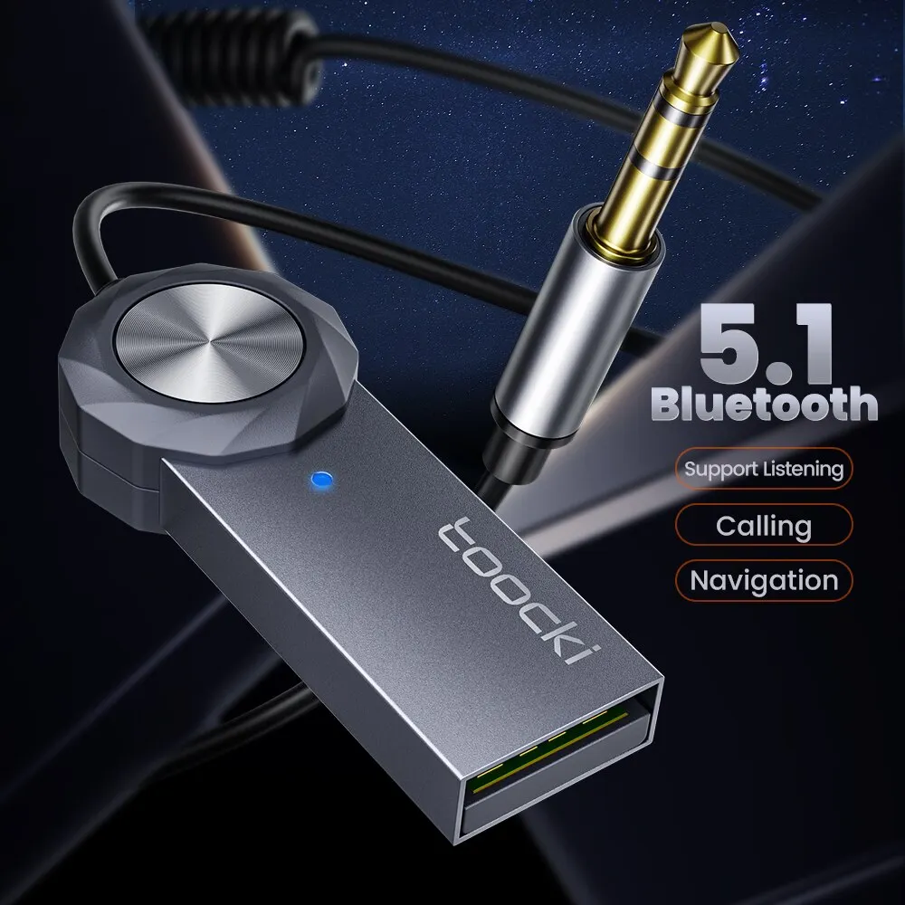 Toocki Bluetooth 5.1 Aux Adapter Dongle USB to 3.5mm Jack Wireless Car Bluetooth Recriver Hands-free Kit for Car BT Transmitter