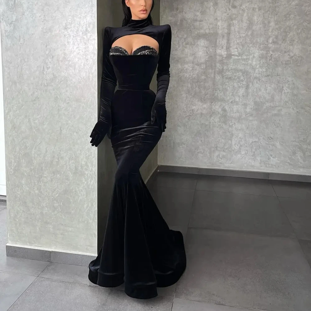 Vestidos de noite de veludo preto lantejoulas sereia mangas compridas alta pescoço vestidos de baile elegantes femininos longos vestidos de festa formais