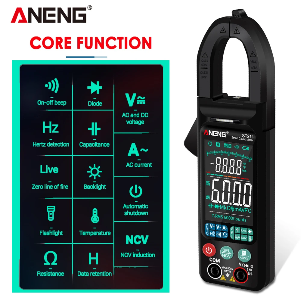 ANENG ST211 6000 Counts Digital Clamp Meter Multimeter AC DC Voltage Current Tester Car Amp Hz NCV Ohm Big Color Screen Test