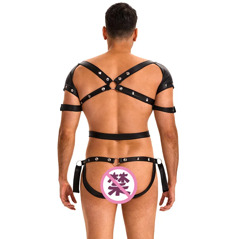 Sexy Mens PU Faux Leather bondage jumpsuit nightclub SM flirting seduction lingerie male servant uniform M-2XL