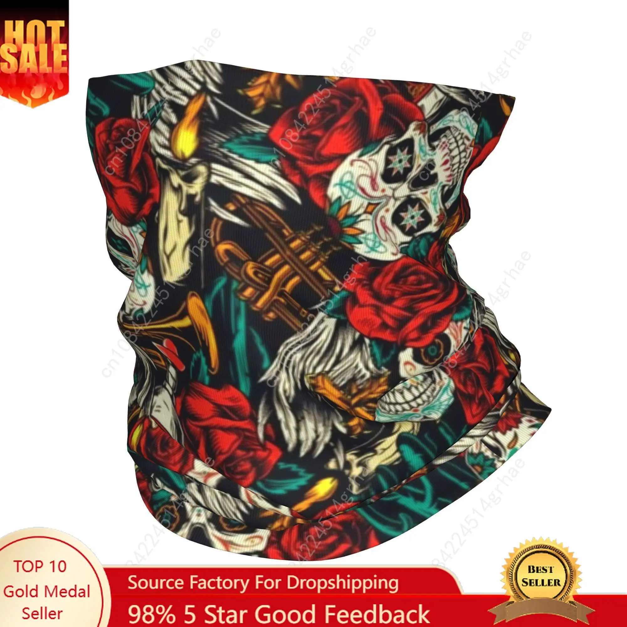 

Custom Mexican Sugar Skull Art Neck Gaiter Women Men UV Protection Winter Bandana Scarf for Hiking