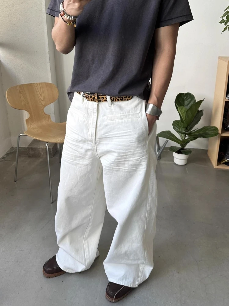 

HOUZHOU White Vintage Women Jeans Washed Wide Leg American Style Straight Pants Denim Trousers Pleated Oversized Basic Casual