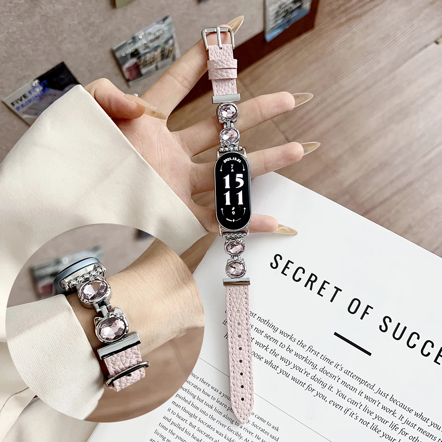 For Xiaomi Band 8 9 10/10 Pro 11 Diamond Inlaid Cat Leather Strap for Redmi Watch 4 5 6 Universal 18/20/22mm Replacement Strap