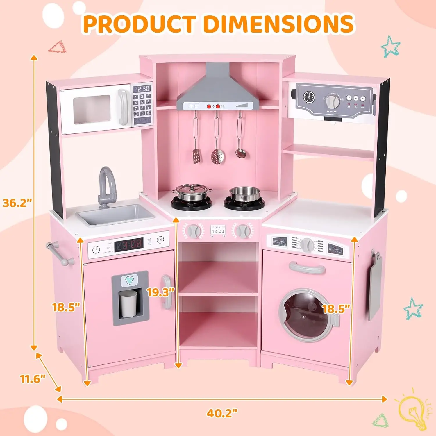 Corner Play Kitchen for Kids, Wooden Pretend Toy Kitchen, Large Toodler Cooking Playset w/Washer, Range Hood w/Light & Sound