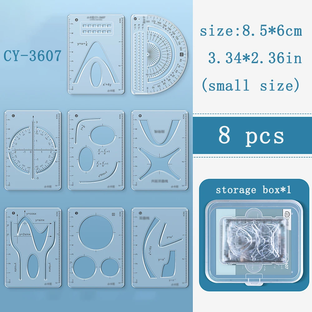 مجموعة مسطرة متعددة الوظائف مكونة من 8 قطع للهندسة الرياضية ورسومات الوظائف وهندسة الرسم والمسطرة