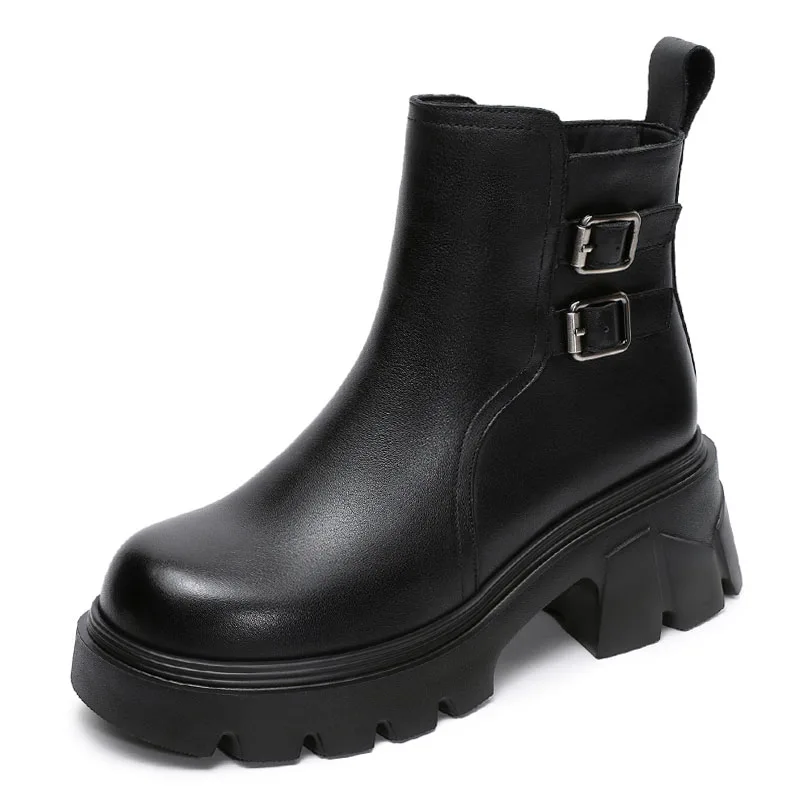 DRKANOL Genuine Cow Leather Ankle Boots For Women 2026 Autumn Winter Thick High Heel Chunky Platform Zipper Handmade Retro Boots