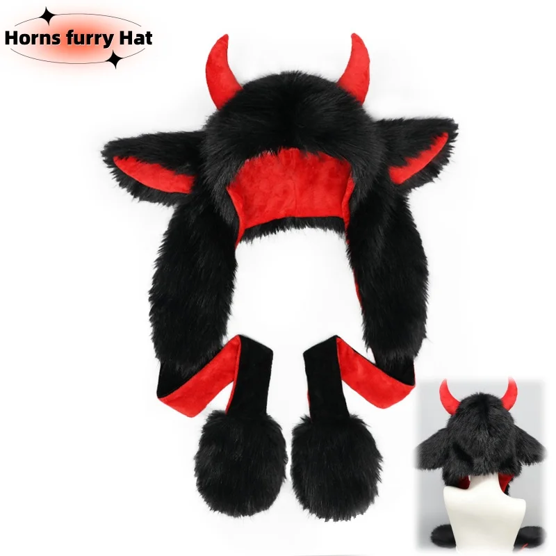 Halloween Fuzzy Demon Horns furry Hat Y2K Muffs Subculture Muffler Hat Cute Plush Hat Christmas Outdoor Ear Protection Hat