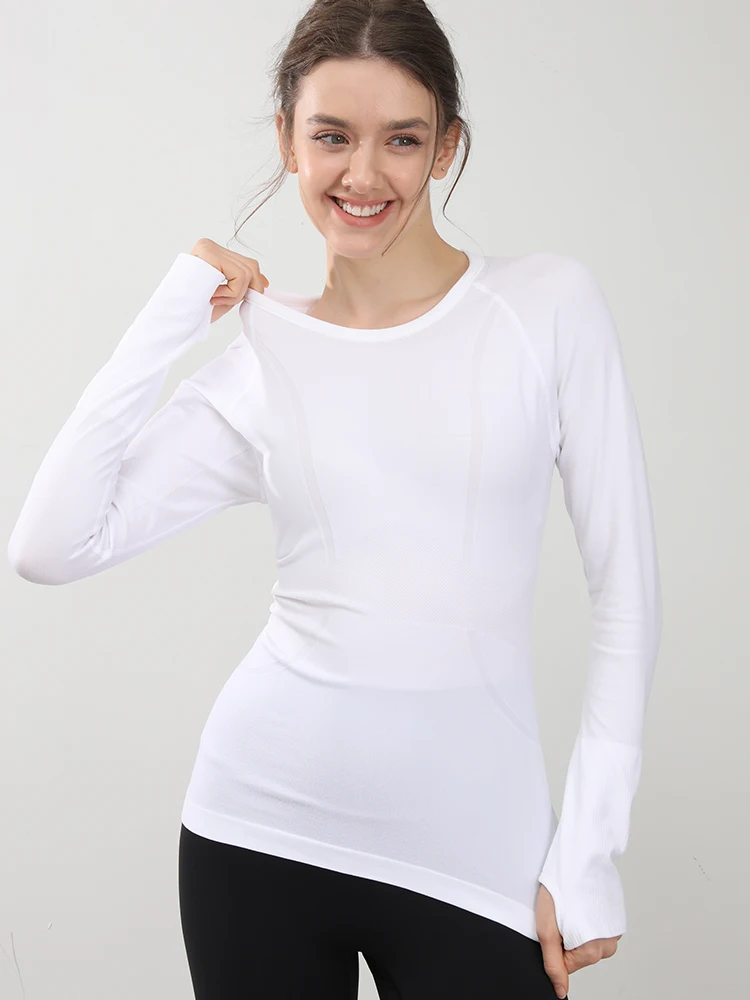 Nahtloses Yoga-T-Shirt für Damen, Sport-Top mit Rundhalsausschnitt, schmal geschnitten, langärmelig, für Laufen, Fitness, Workout, Gym – Detail 10