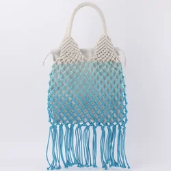 Handmade Cotton Rope Mesh Bag Beach Bag Hollow Out One Shoulder Woven Bag Women's Fashion Straw Woven Bag Female Shopping Bag