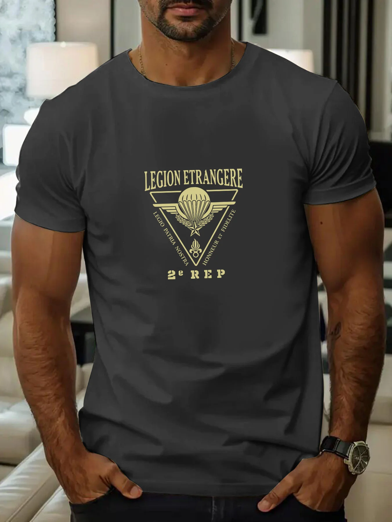 

Men'S Olive Green "Legion Etrangere 2nd REP" - with Eagle & Star Design, 100% cotton short sleeve O-neck printed T-shirt.