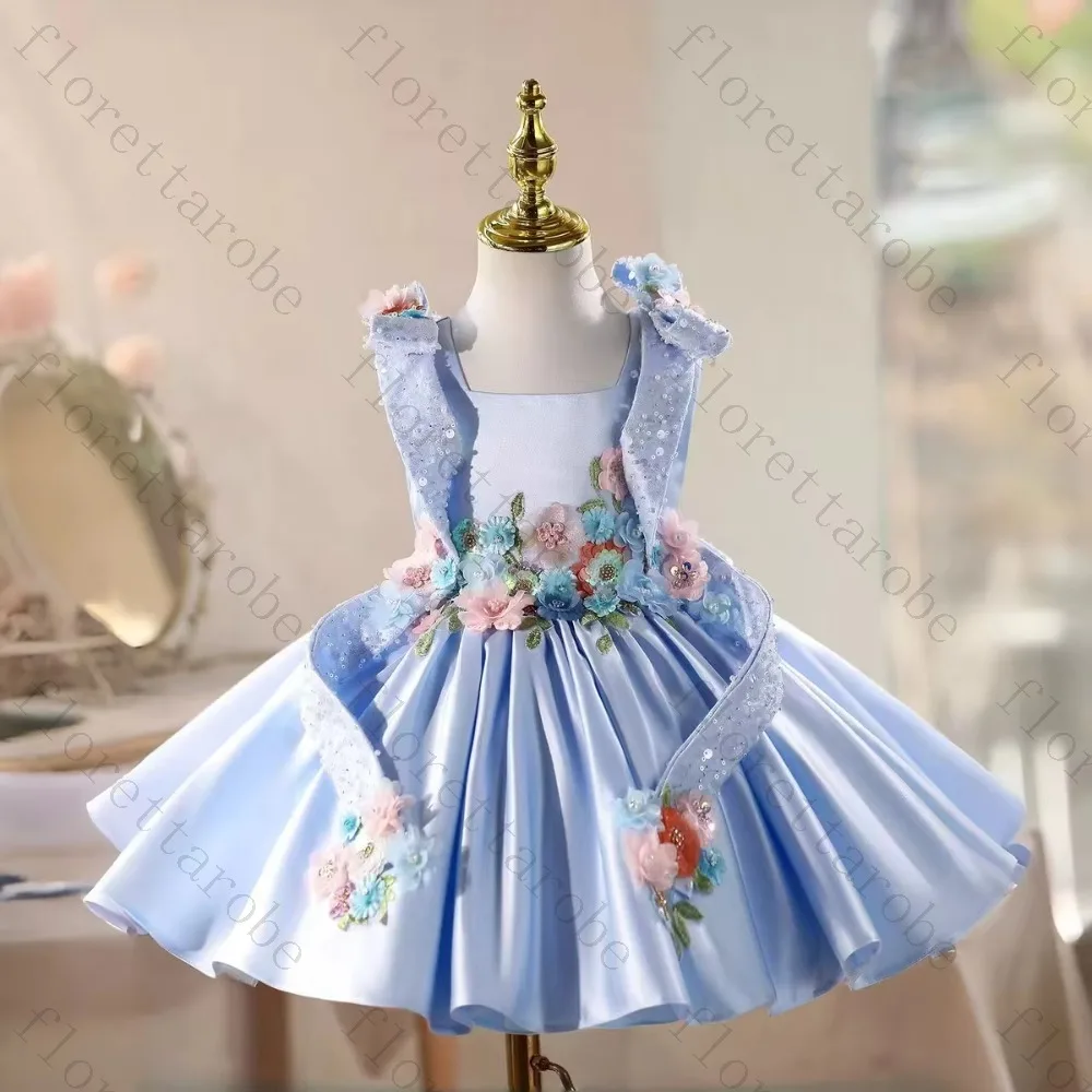 Customized Blue Flower Girl Dress A Line Short Square Neck Cap Sleeve Satin Sequin 3D Floral Applique Wedding Kids Party Gown