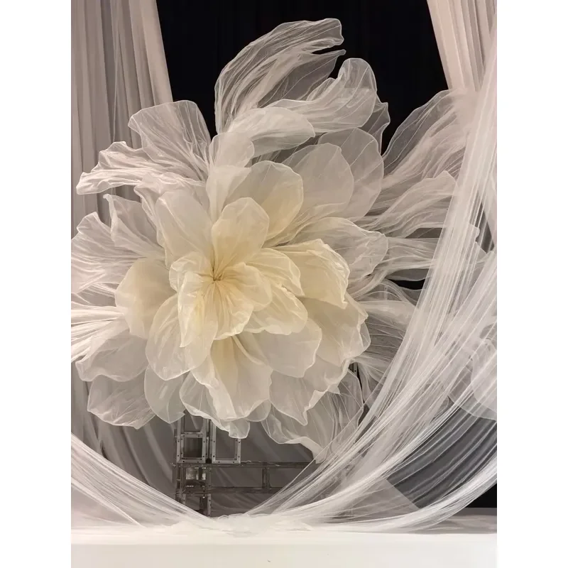Gradient Giant Flower Flowing Organza Wave Art Handmade Decor for Indoor Wedding Ceremony Photo Booth Background