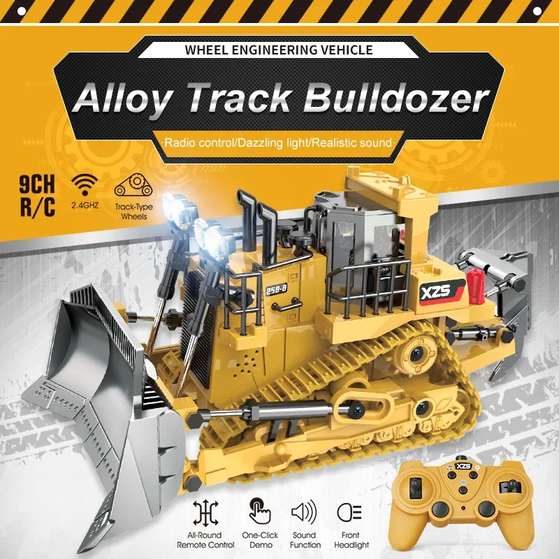 1:24 9CH RC Bulldozer Truck Car 11CHCrawler Type Alloy Shovel Engineering Forklift Heavy Excavator Children Toys Gifts for Kids